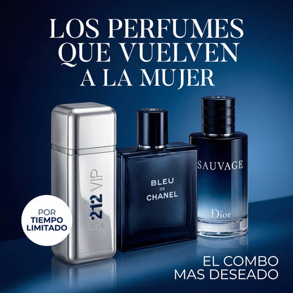 COMPRE 1 Y LLÉVESE 3 PERFUMES IMPORTADOS – 3x100ml (212 VIP Men, Bleu de Chanel, Dior Sauvage)